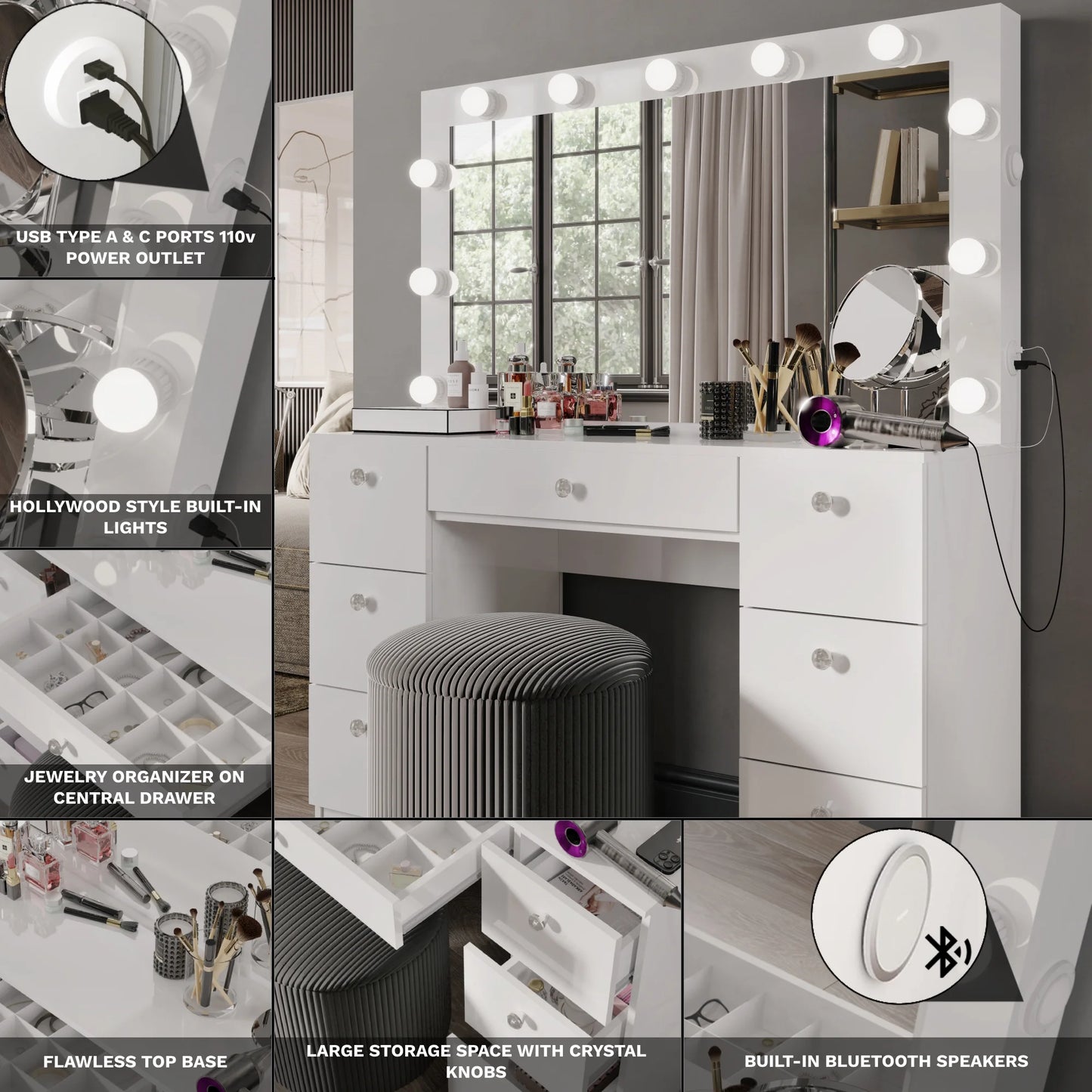 Tammy White Vanity Desk with Mirror, Lights, Bluetooth Speakers & Storage