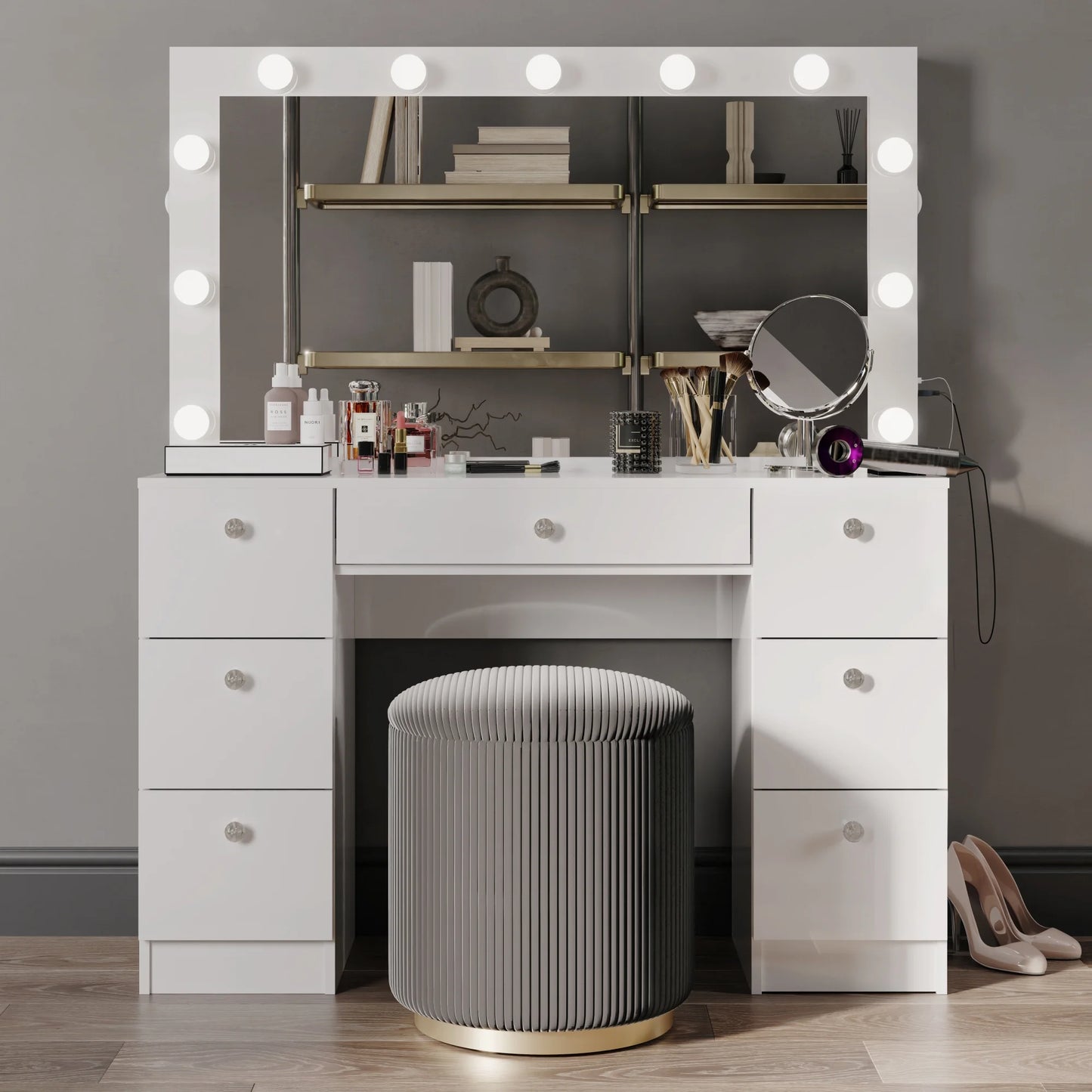 Tammy White Vanity Desk with Mirror, Lights, Bluetooth Speakers & Storage