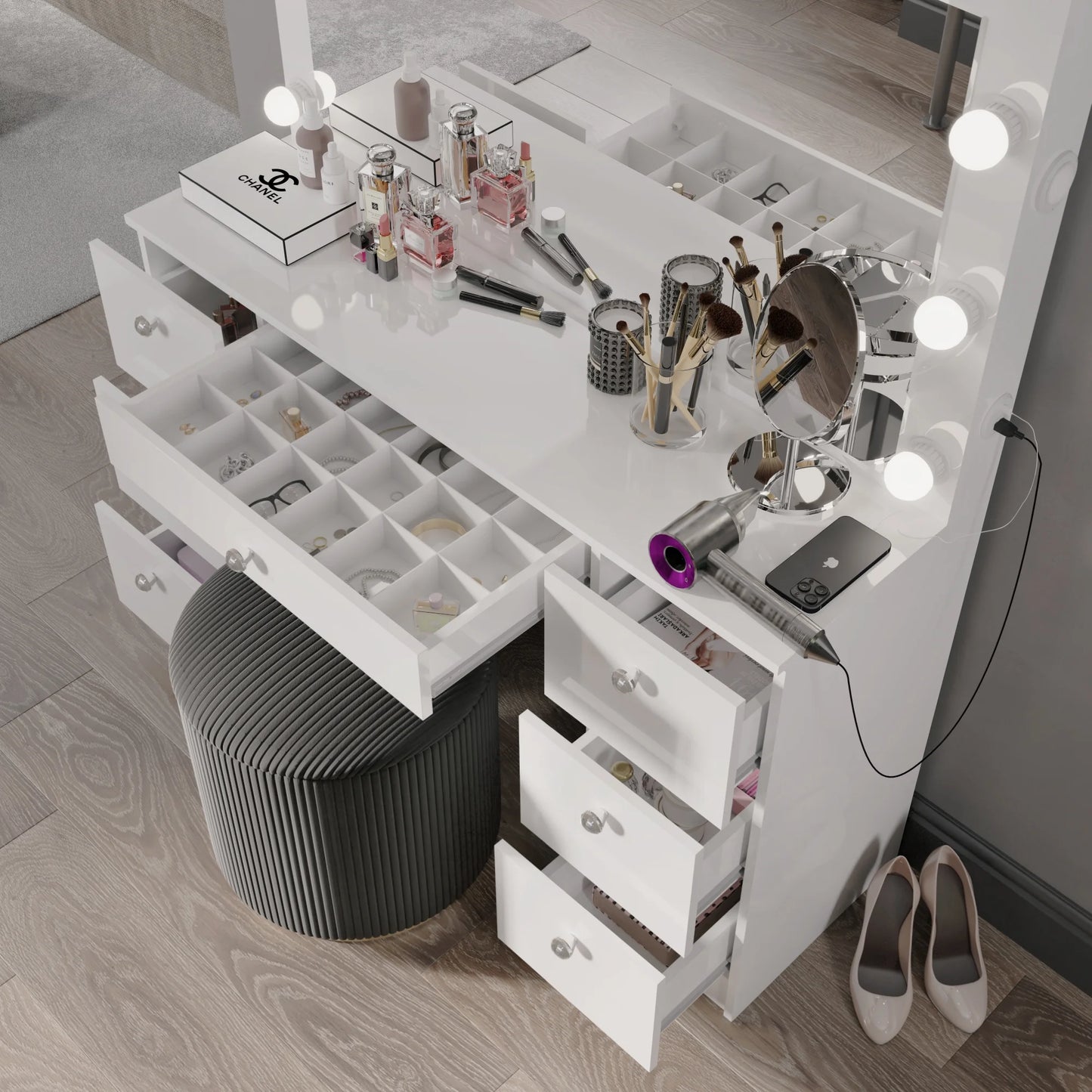 Tammy White Vanity Desk with Mirror, Lights, Bluetooth Speakers & Storage