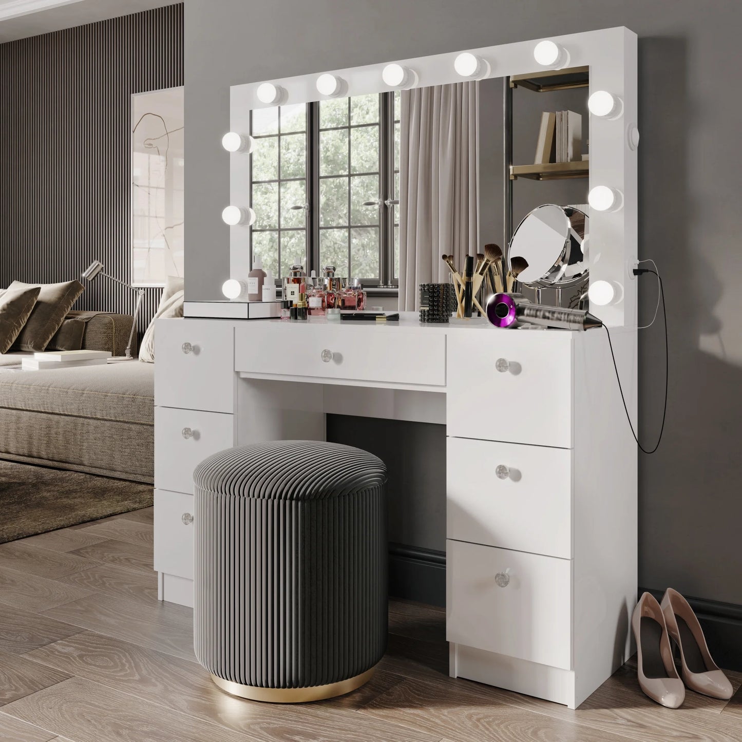 Tammy White Vanity Desk with Mirror, Lights, Bluetooth Speakers & Storage