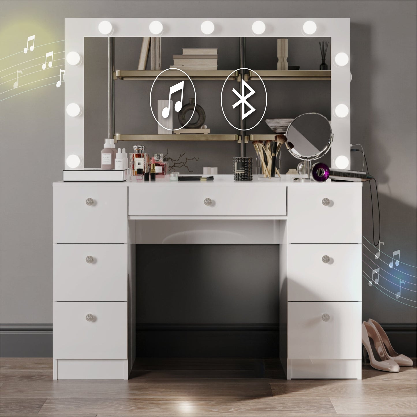 Tammy White Vanity Desk with Mirror, Lights, Bluetooth Speakers & Storage