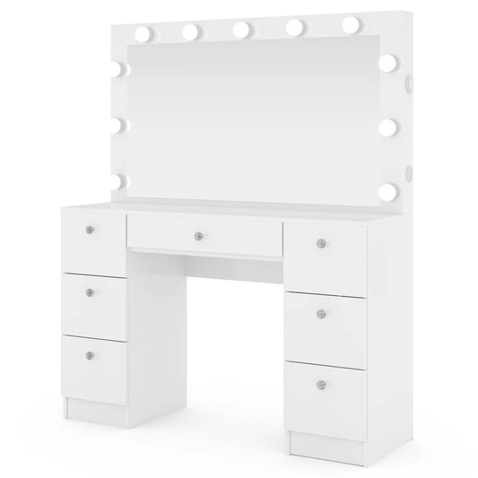 Tammy White Vanity Desk with Mirror, Lights, Bluetooth Speakers & Storage